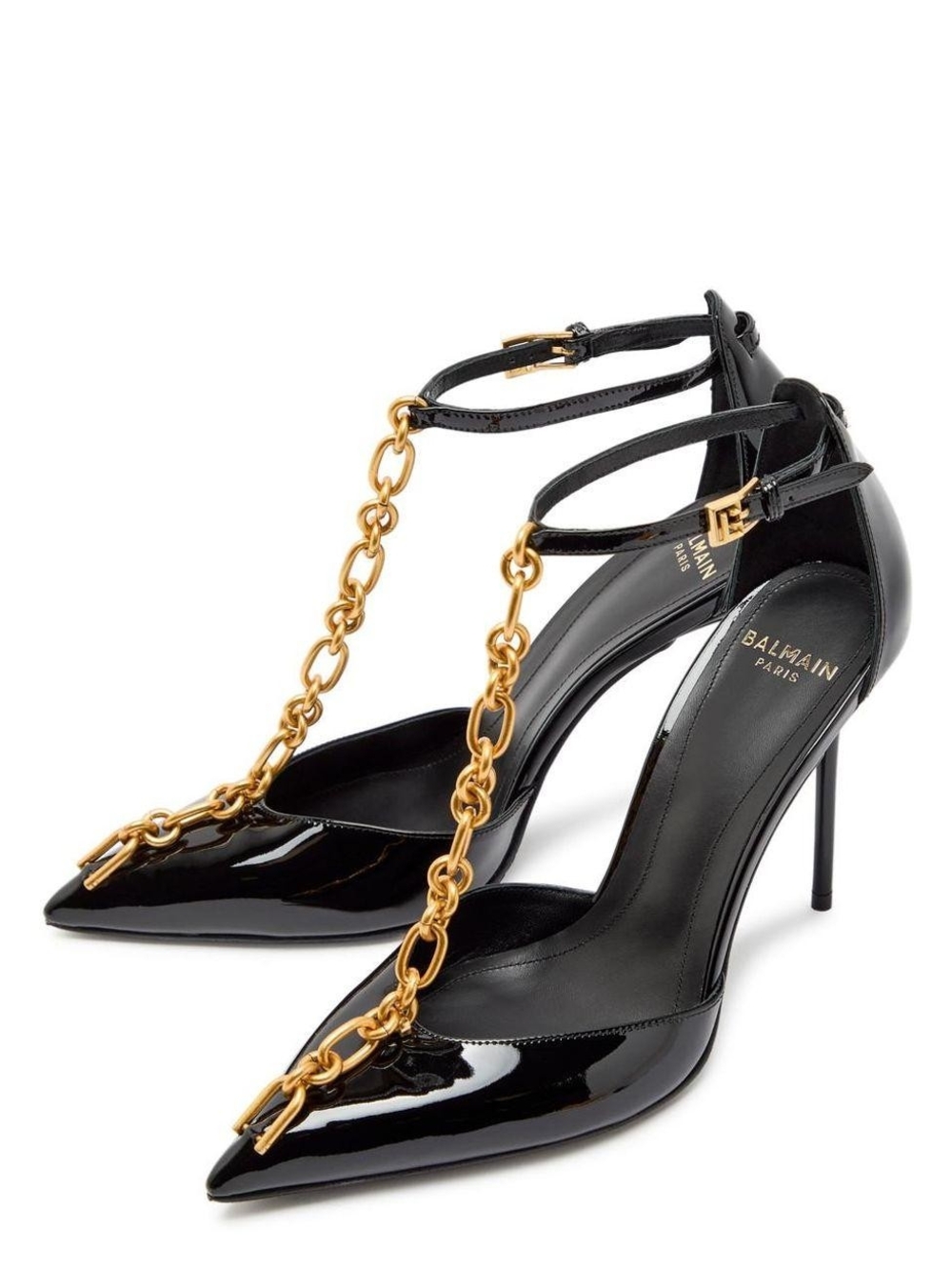 Balmain Black Patent Leather T-Strap Pumps with Gold Chain